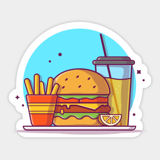 Burger with Orange Juice, Lemon, Mustard, and French Fries Cartoon Vector Icon Illustration Sticker